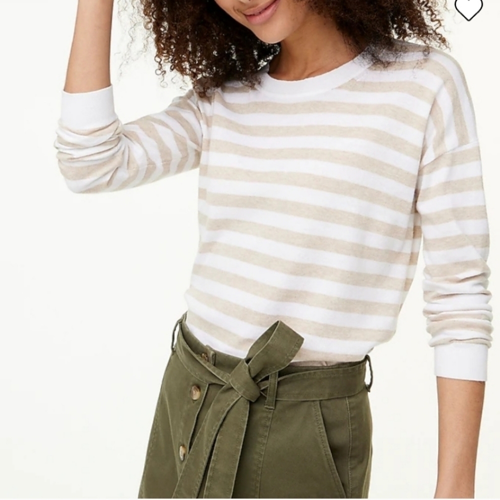 JCrew Sweater Crewneck Long Sleeve Tan Sand Fawn Cream White Striped L